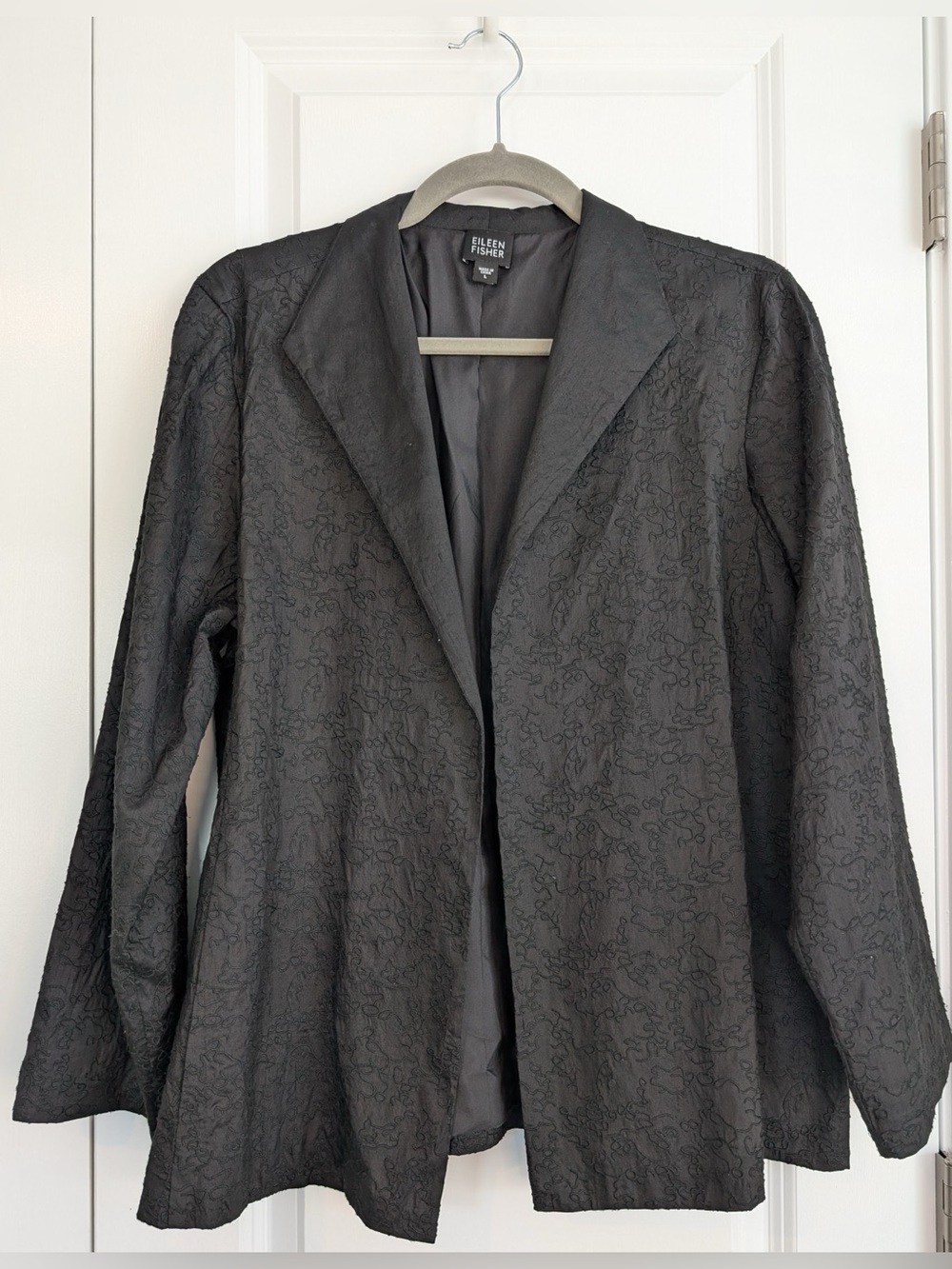 Eileen Fisher Women’s Silk Open Front Lined Embroidered Jacket Black Size Large